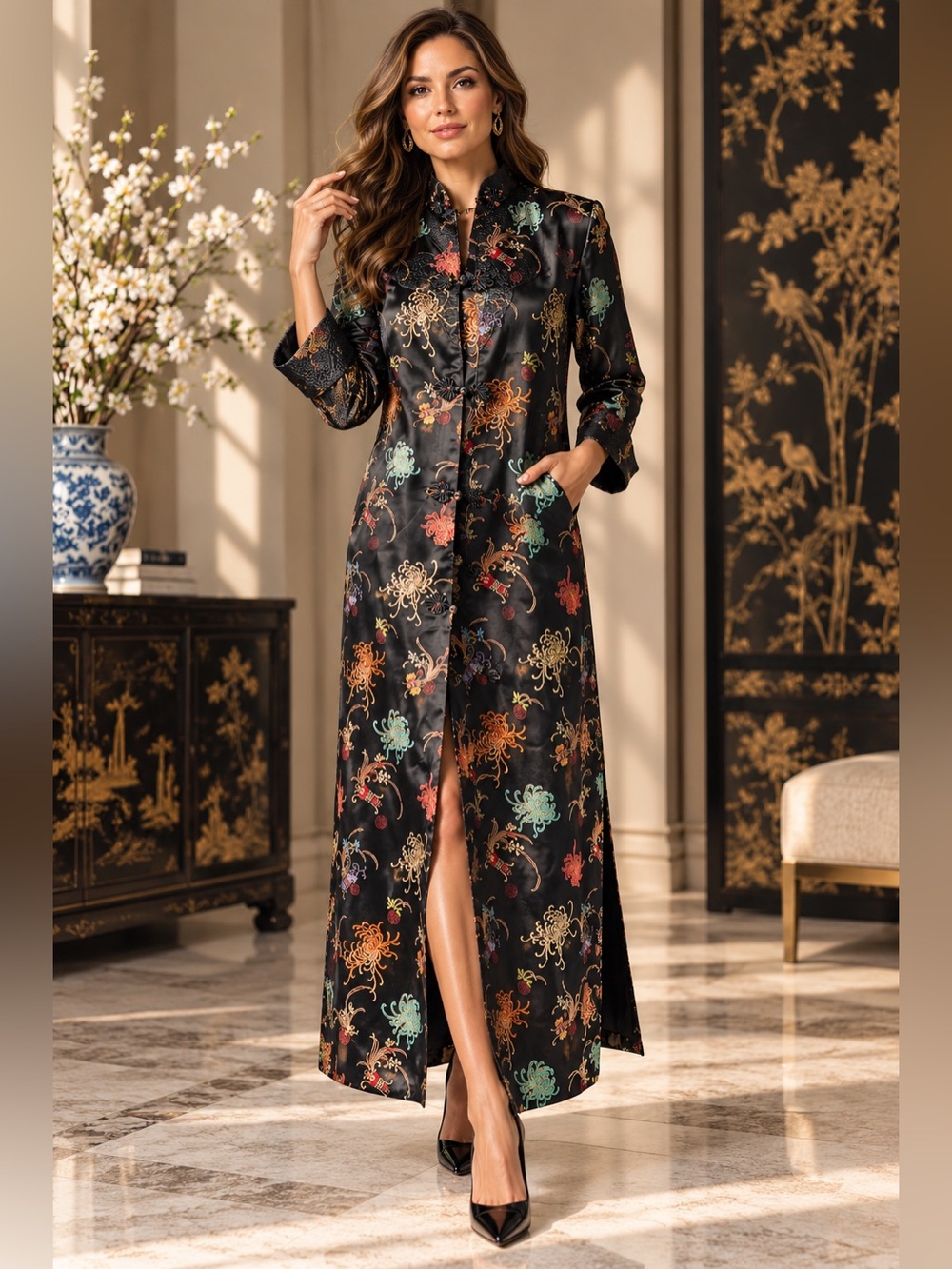 Luxury Peony Chinese Brocade Floral Kimono Long Coat Black Sz 34 US XS-S Vntg